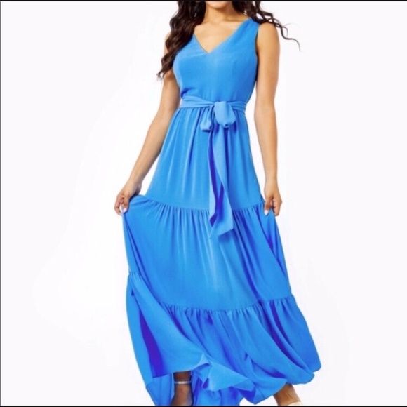 Lilly Pulitzer Dresses & Skirts - Lilly Pulitzer Maurine Maxi Dress Tiered Sleeveless Waist Tie Blue Size 0